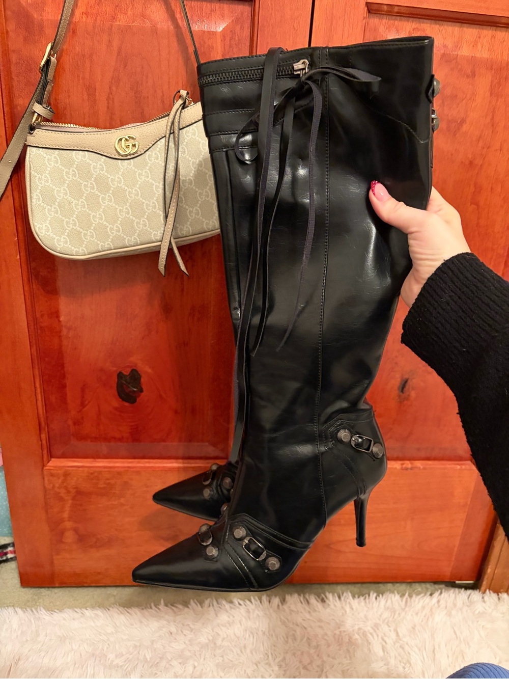 Amazon Black Leather Pointed-Toe Knee-High Stiletto Boots with Buckle Detail
